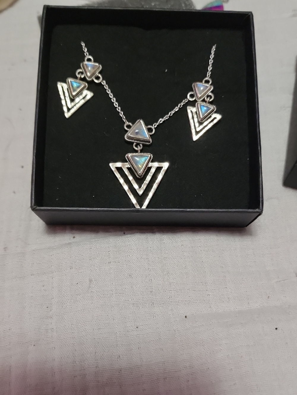 Authentic Silver-Tone Geometric Triangle Necklace with Opalescent Accents